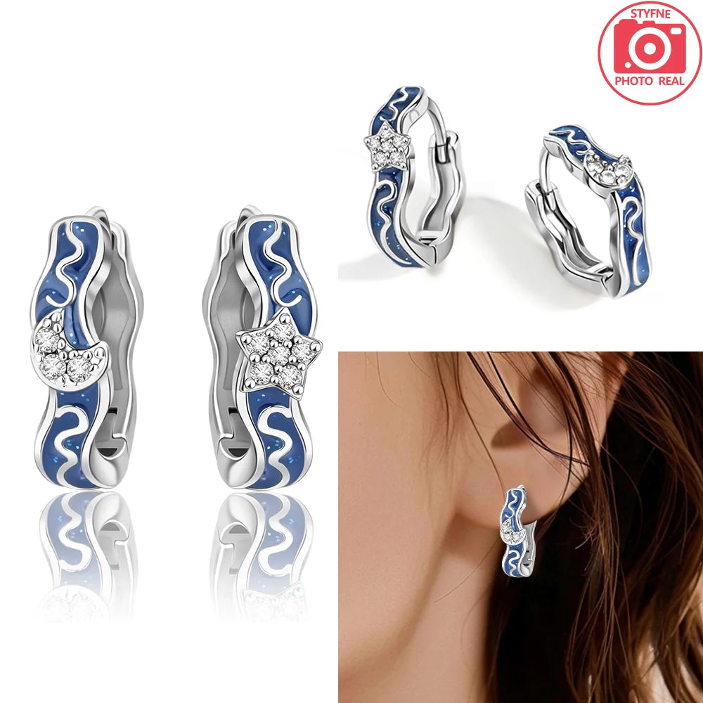 Original Blue Star Moon Earrings Rose Gold Set 925 Sterling Silver Earrings Jewelry Women Luxury Engagement Accessories - Uknowucme