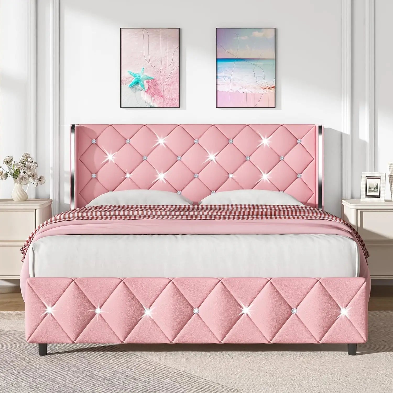 King Size Bed Frame, Velvet Upholstered Platform Bed King Size with Diamond Tufted Headboard and Footboard, Wooden Slats Support - Uknowucme