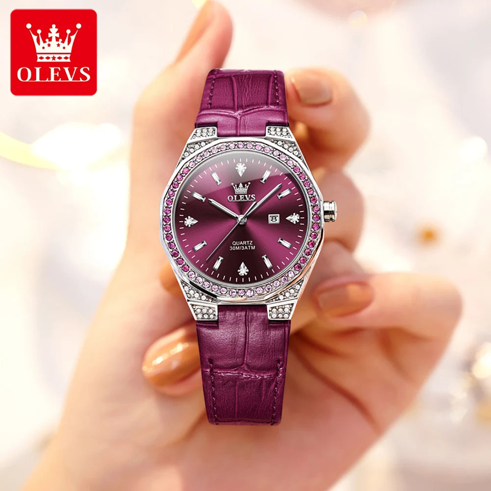 OLEVS Original Women's Watches Diamond Lap Fashion Leather Strap 3m Waterproof Luminous Ladies Wristwatch Quartz Watch for Women