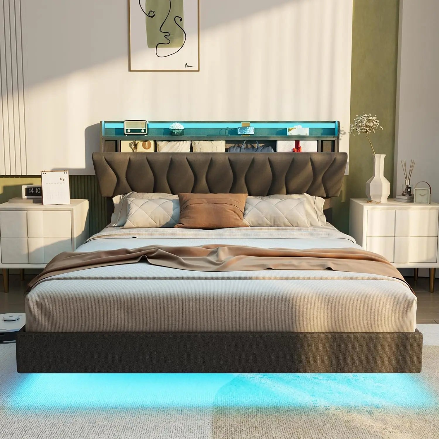 Vabches Floating Queen Bed Frame With Storage Headboard&LED Light Bed Frame with Charging Station Upholstered Platform Bed Frame - Uknowucme