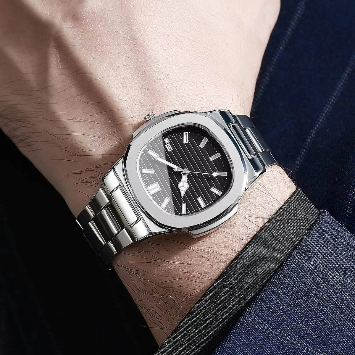 Fashion Square Men Business Watches Luxury Stainless Steel Strap Quartz Watch with Calendar For Mens Clock（Without Box） - Uknowucme
