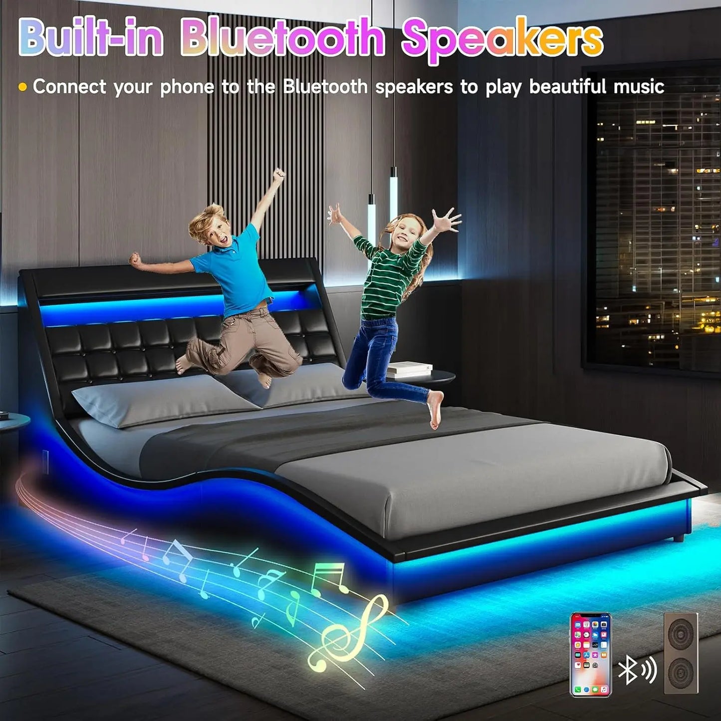 Vabches Full Size Bed Frame with Wave-Like Curve Design PU Leather Upholstered Platform Bed Frame w Charging Station&LED Lights - Uknowucme