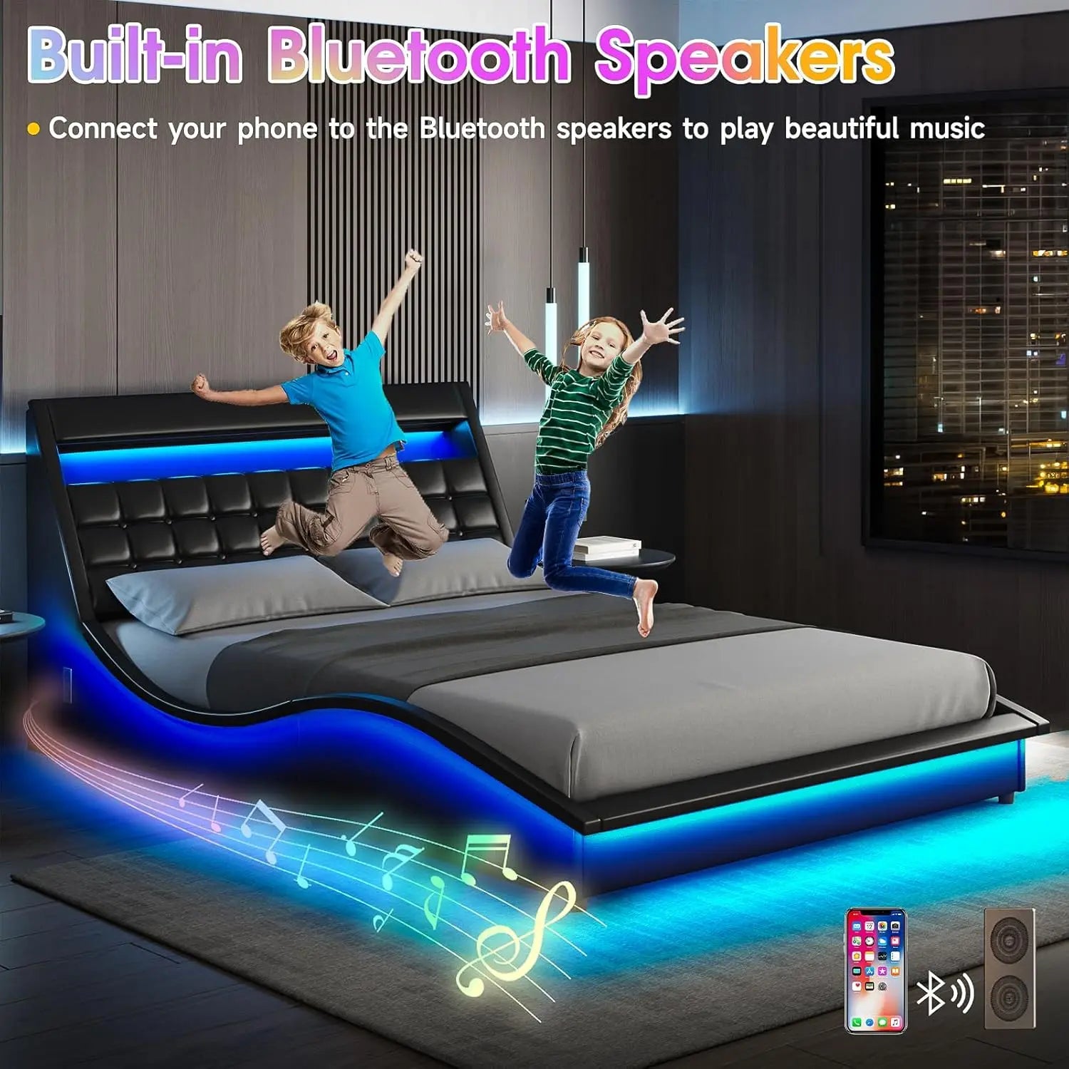 Vabches Full Size Bed Frame with Wave-Like Curve Design PU Leather Upholstered Platform Bed Frame w Charging Station&LED Lights - Uknowucme