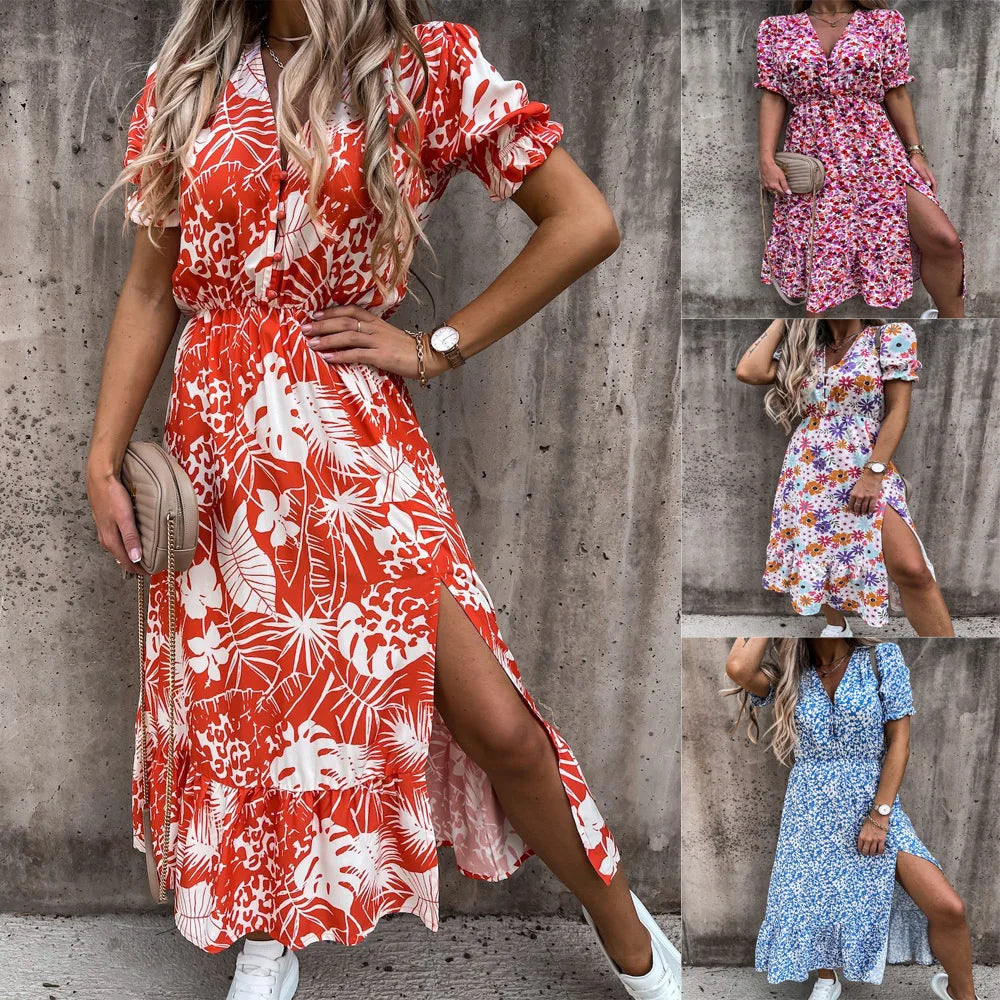 Summer Floral Print Dress Women V Neck Side Slit Long Dress Elegant Short Sleeve Button Slim Spring Female Party Dress Vestidos - Uknowucme