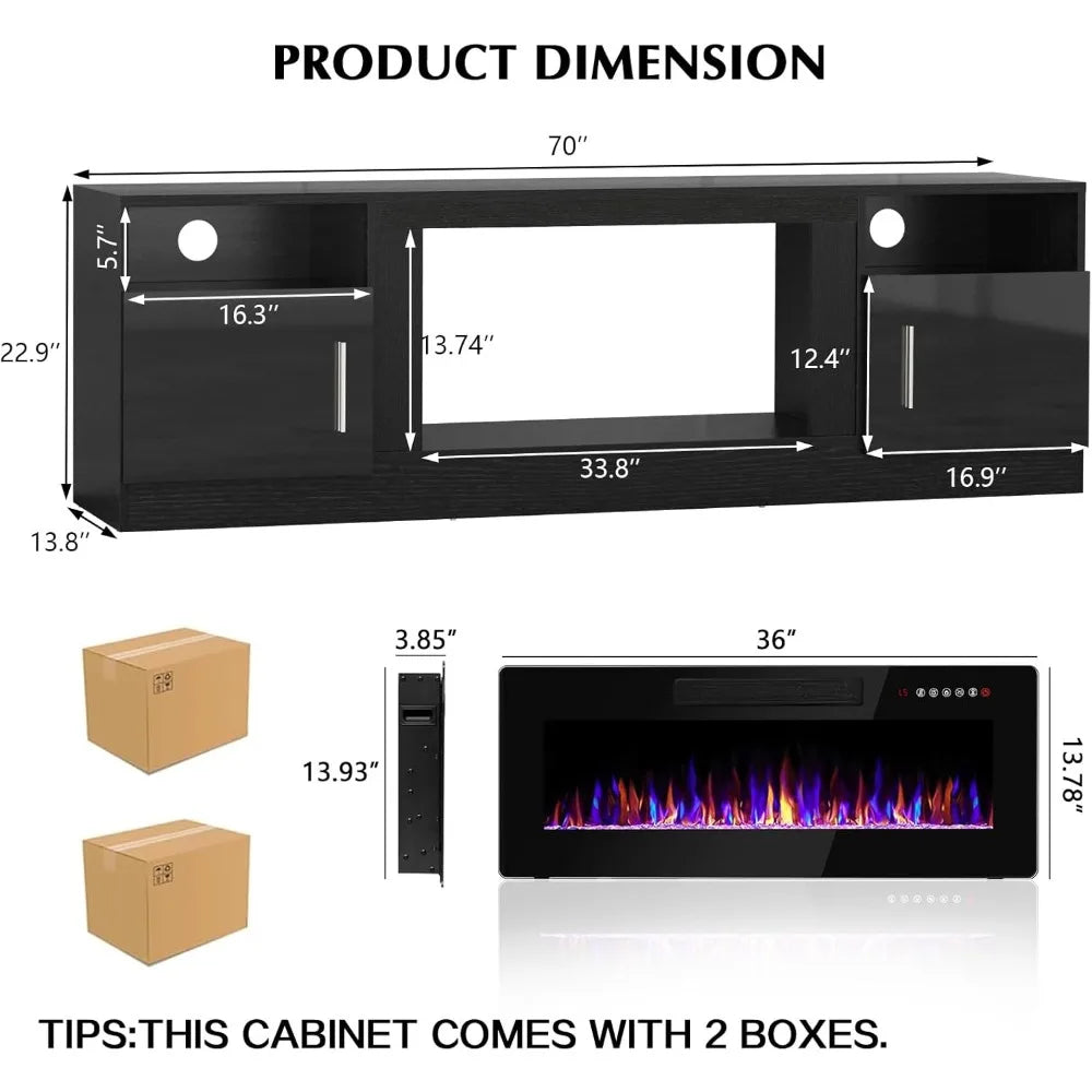 Fireplace tv Stand with 36 inch Fireplace Up to 80" TVs,LED Light Entertainment Center and Storage, 70" Modern Wood Media TV Con