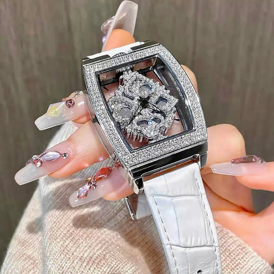 Fashionable Elegant Wine Barrel Shaped Ladies' Watch With Transparent Back & Rhinestone Detail Quartz Movement Watch, Rotatable - Uknowucme