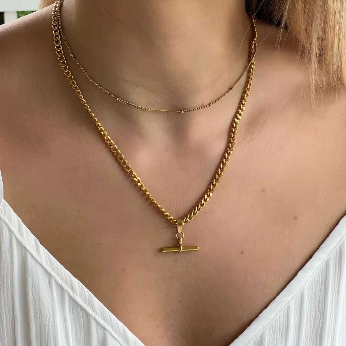 18K Gold Plated Figaro Cuban Chain T-bar Pendant Necklace for Women Stainless Steel Waterproof Party Charm Jewelry - Uknowucme