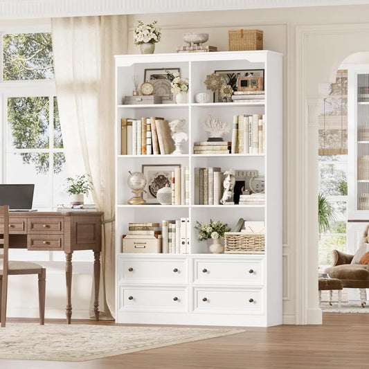 71" Tall Bookshelf with 4 Drawers, 6-Tier Double Wide Bookshelves and Bookcases with Storage, White Bookshelf Large Op