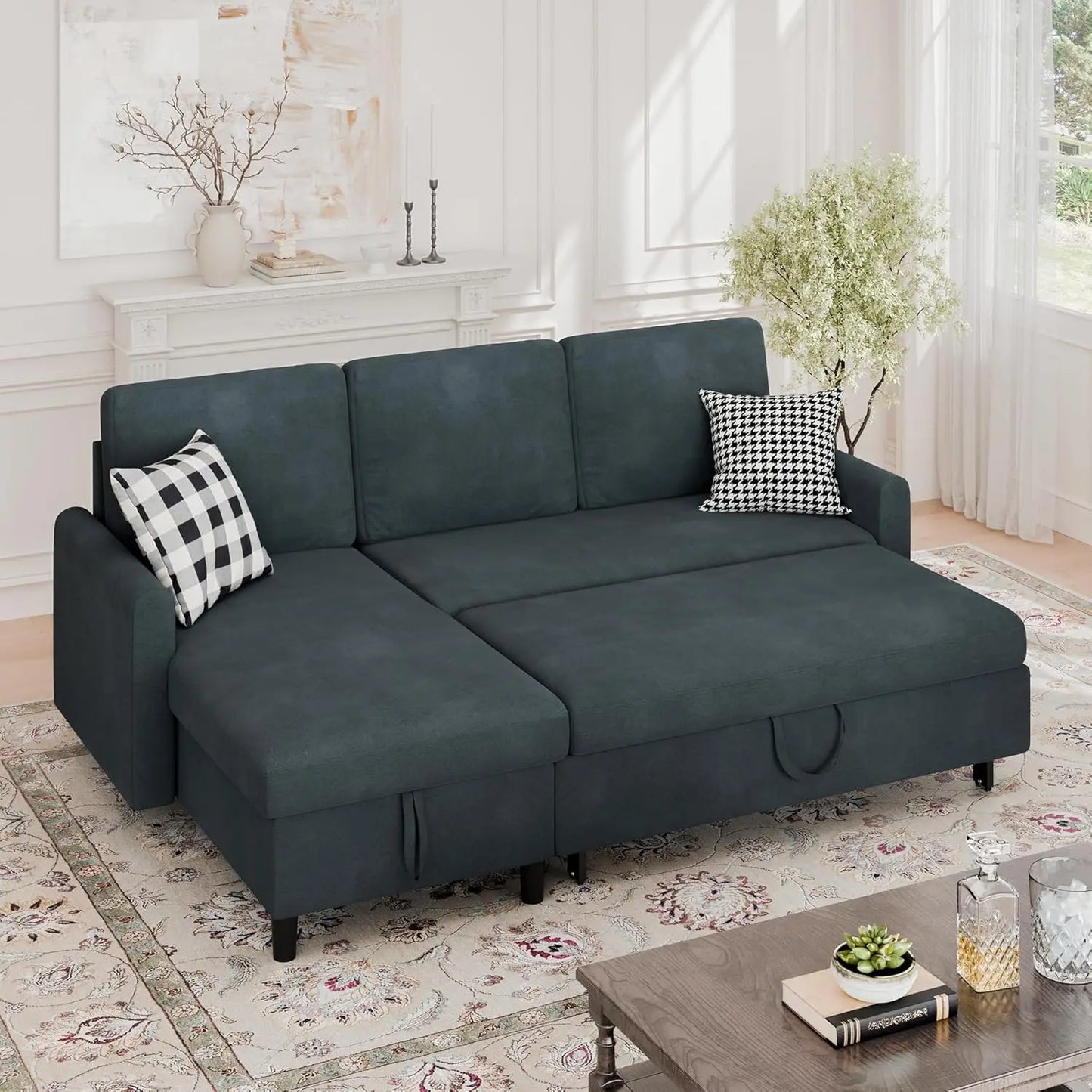 Walsunny L-Shaped Sectional Sleeper Sofa | Pull-Out Bed with Storage, Reversible Design