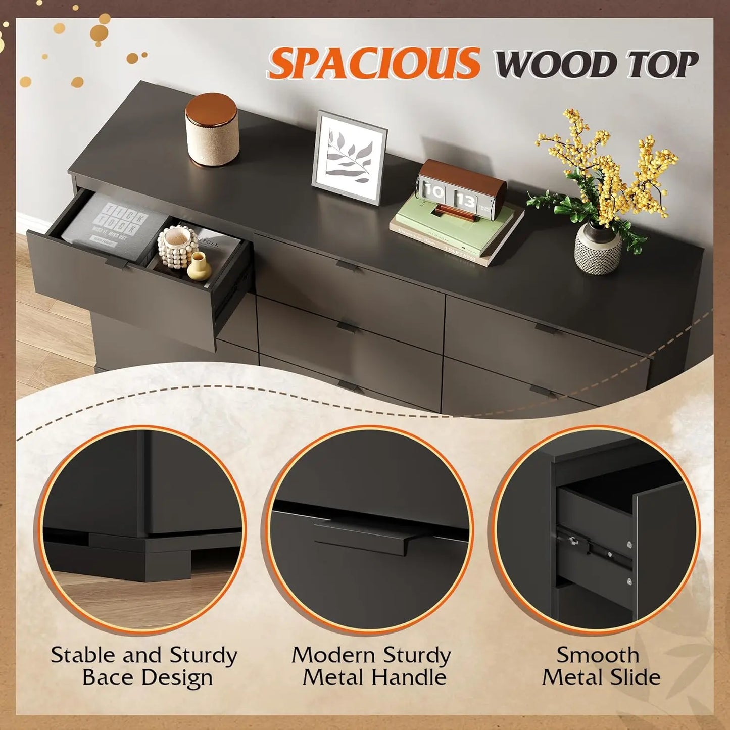 9 Drawer Dressers, Modern Large Wood Dresser Chest for Bedroom Organize with Sturdy Metal Handle, Black (63" W)