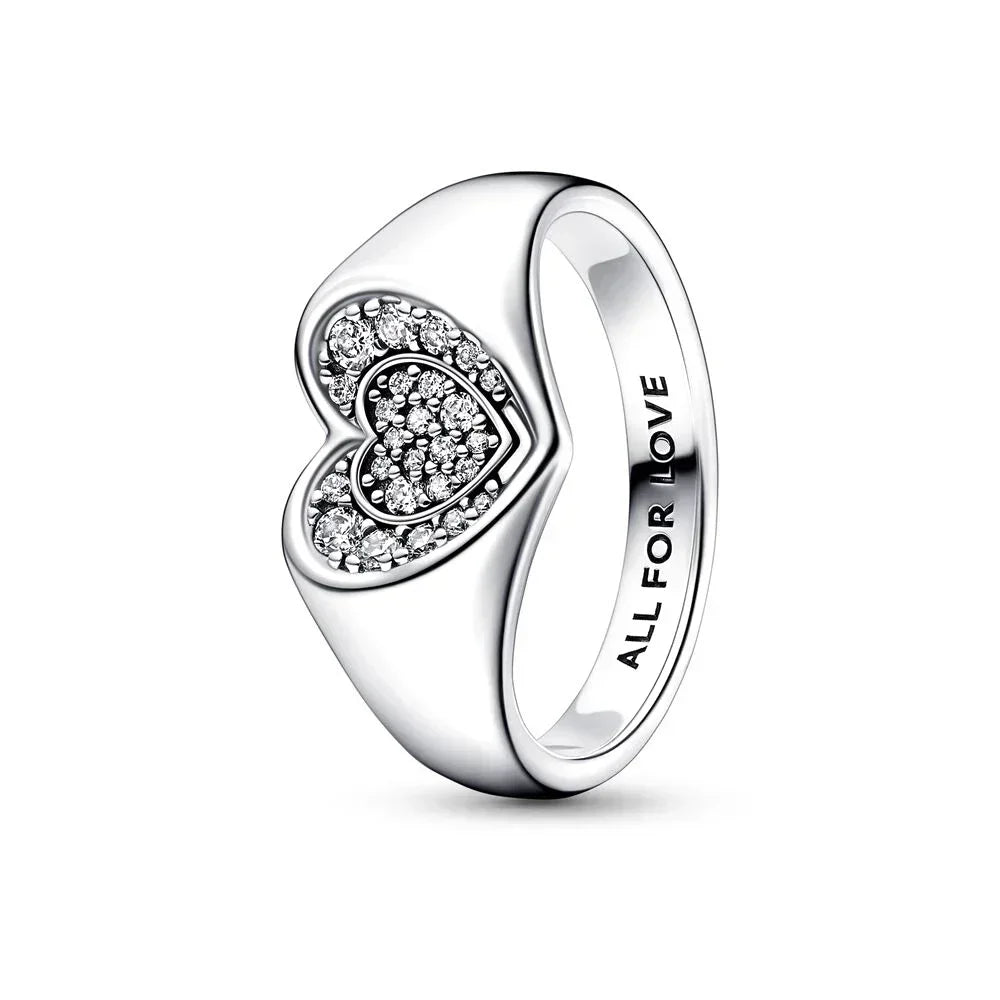 New High Quality 925 Sterling Silver pretty Radiant Heart Pavé Signet Ring Sparkling Wave ME Pavé & Red Dual Ring DIY Gift - Uknowucme