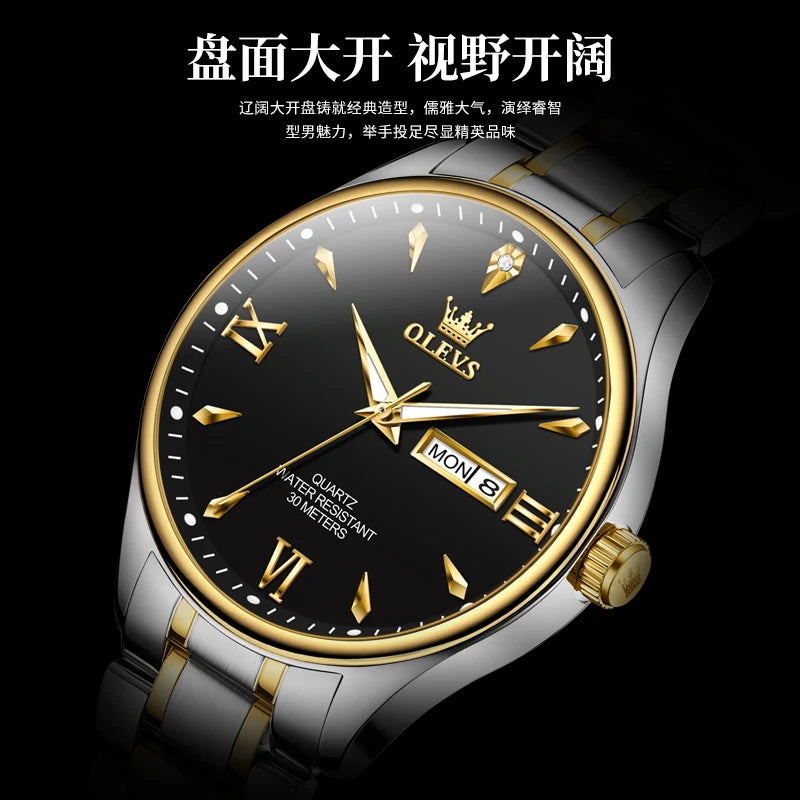 OLEVS Fashion Brand Original Men's Watches Week Calendar Luminous Quartz Watch for Men Waterproof Stainless Steel Strap Business - Uknowucme