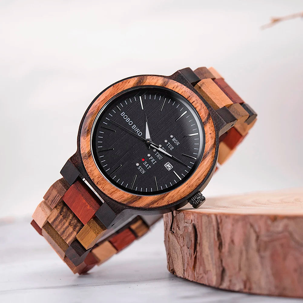 BOBO BIRD Couple Wooden Watch Luxury Brand Wood Timepieces Week Date Display Quartz Watches for Men Women Customized Family Gift - Uknowucme