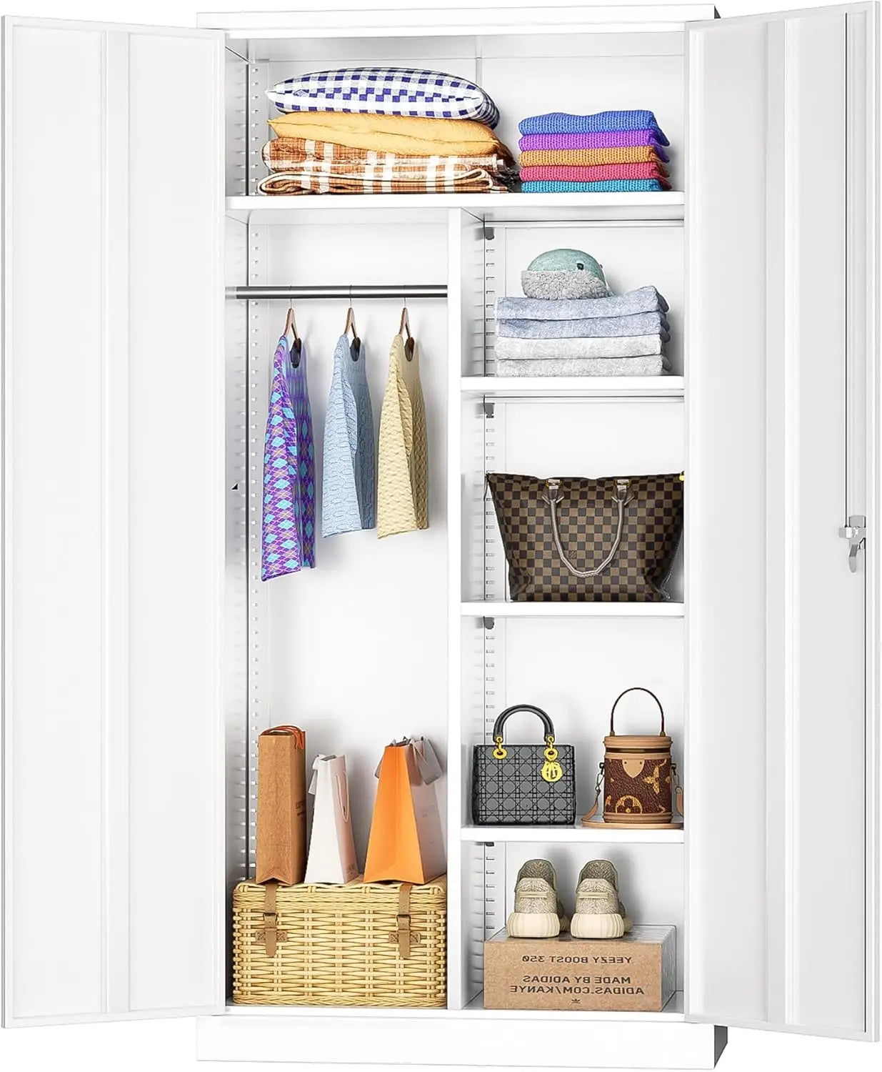 72” Tall Wardrobe Closet with Lock,Clothing Storage Cabinets with Hanging Rod and 4 Adjustable Shelves, Armoire Wardrobe