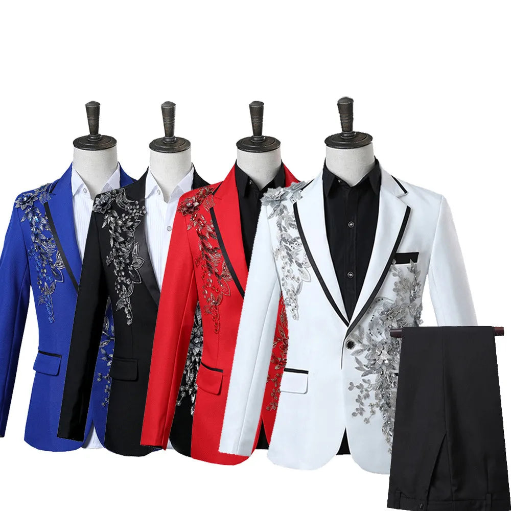 Elegant Appliqued Two-piece Men's Suit for Wedding Banquet Host Dance Prom Christmas Costume Men Blazer Chinese Style - Uknowucme