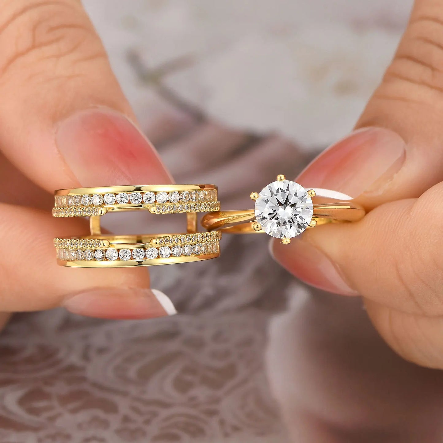 Newshe 925 Sterling Silver Yellow K Gold Rings for Women Round AAAAA Cubic Zircon Engagement Ring Enhancer Bridal Set Jewelry - Uknowucme