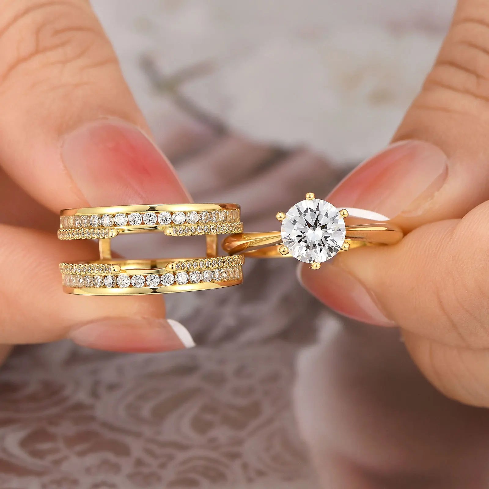 Newshe 925 Sterling Silver Yellow K Gold Rings for Women Round AAAAA Cubic Zircon Engagement Ring Enhancer Bridal Set Jewelry - Uknowucme
