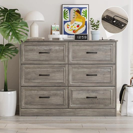 Vabches 6 Drawer Dresser for Bedroom Wood Chest of Drawers with Power Strip Tall Dresser Organizer with Metal Handle for Hallway - Uknowucme