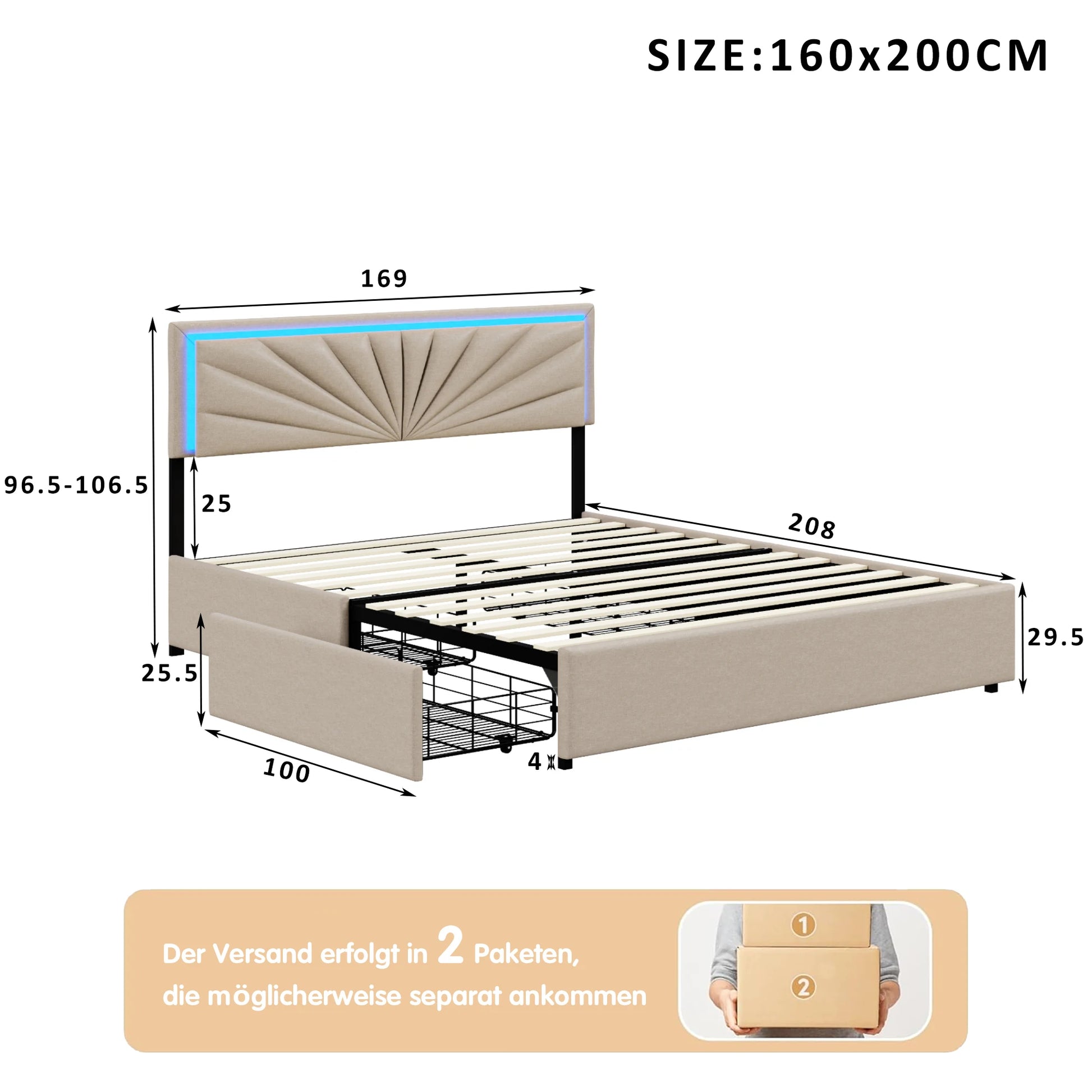 Double Bed, Upholstered Bed 160 x 200 cm, LED Bed Frame, Storage Bed with 4 Drawers and Slatted Frame, Headboard, Youth Bed - Uknowucme