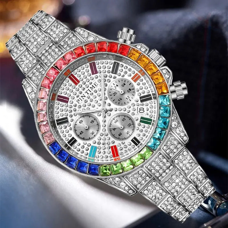 PINTIME Watches for Men Colour Diamond Ice Out Chronograph Bling Hip Hop Quartz Wristwatch Stainless Steel Buckle Waterproof 30M