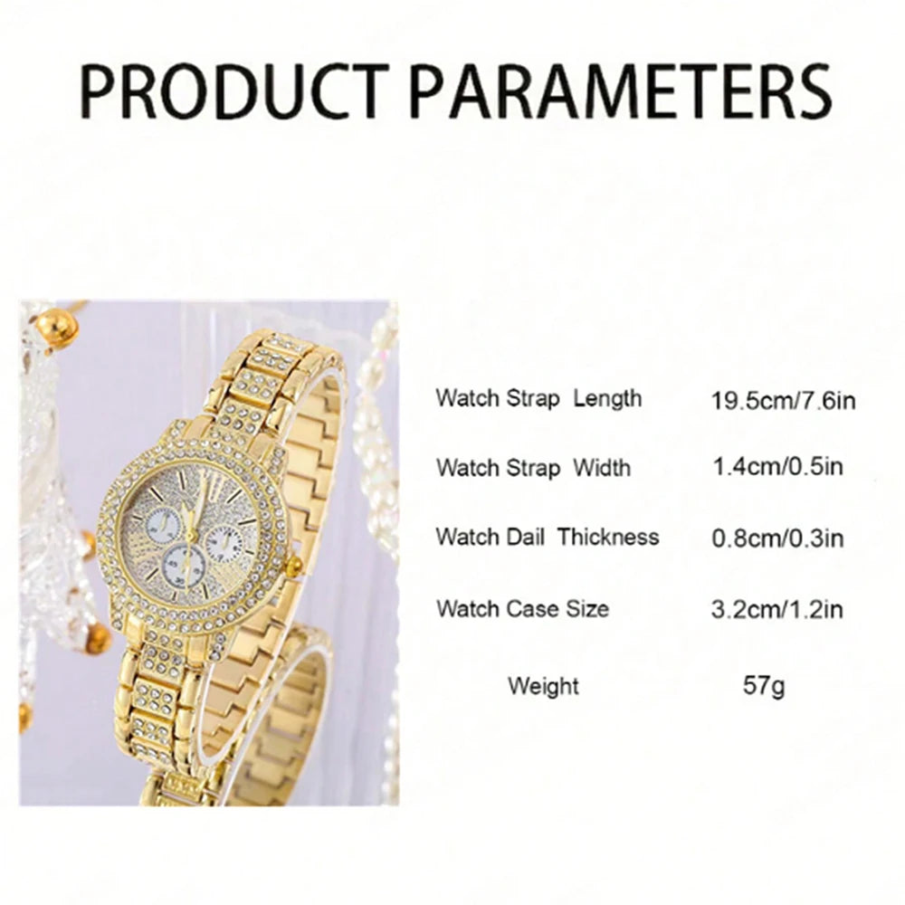 Women's Quartz Watch Gold Luxury Women Ring Necklace Earring Rhinestone Fashion Wristwatch Casual Ladies Watches Jewelry Set ﻿ - Uknowucme