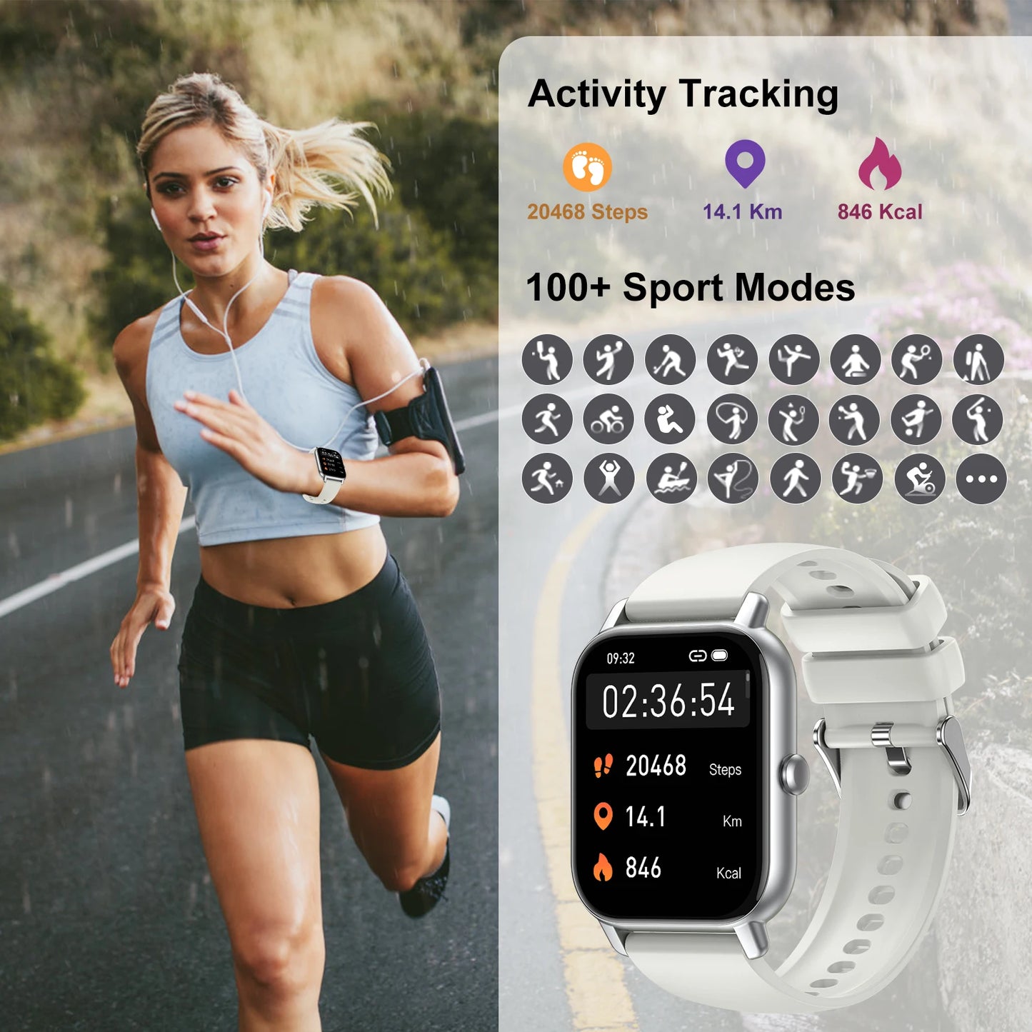 Jxrev Smart Watch, 1.85" Sports Watch for IP68 Waterproof, 110+ Sport Modes, Fitness Activity Tracker, Ultra Thin Watch.