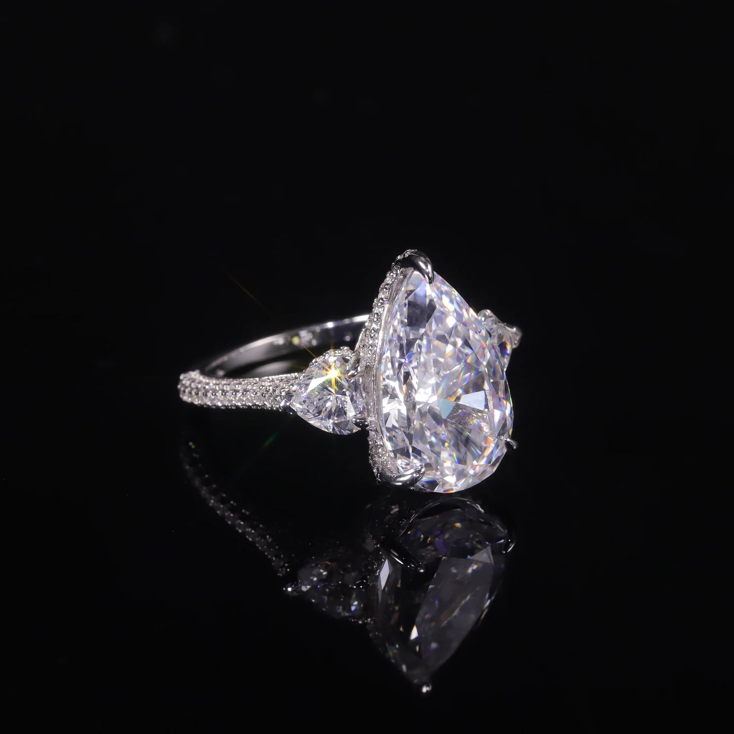 GEM'S BALLET Pear Shape Diamond-fire CZ- White Cluster Handmade Rings 925 Sterling Silver Three Stone Engagement Ring