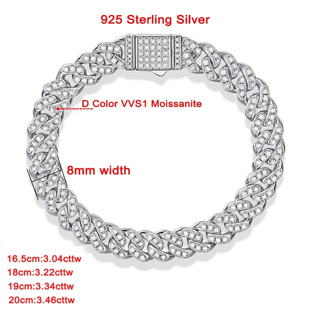 8mm Cuban Chain Bracelet Real Full Moissanite For Men D Color VVS1 Diamond White Gold Plated 925 Sterling Silver Hip Hop Jewelry - Uknowucme