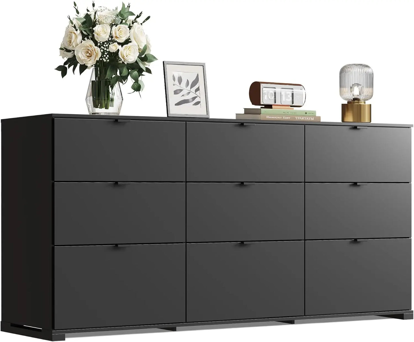 9 Drawer Dressers, Modern Large Wood Dresser Chest for Bedroom Organize with Sturdy Metal Handle, Black (63" W)