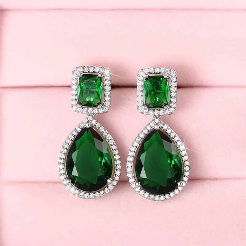 2025 Geometric Green CZ Sparkling Cubic Zirconia Earrings, Suitable for Women's Wedding Parties, Elegant  Jewelry - Uknowucme