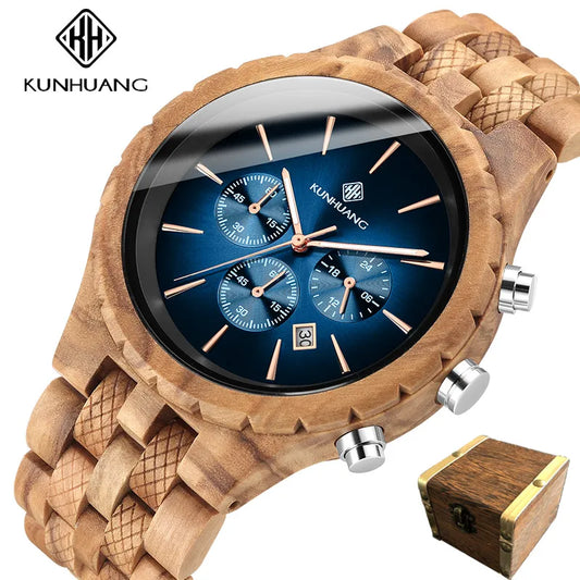 KUNHUANG Handmade Wooden Watch Multifunction Dial Mens Quartz Watch Luxury Luminous Chronograph Custom Logo relógio masculino - Uknowucme