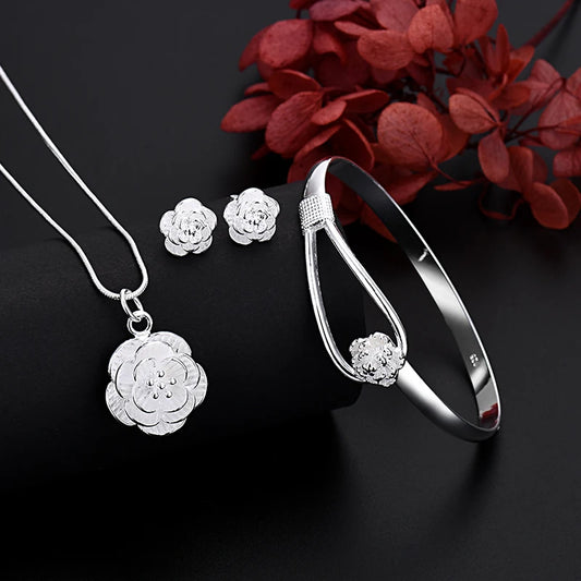 Fine 925 Sterling Silver Charms Necklace Earring Bangle Jewelry for Lady Girl Women Retro Set Wedding Gift TRENDY - Uknowucme