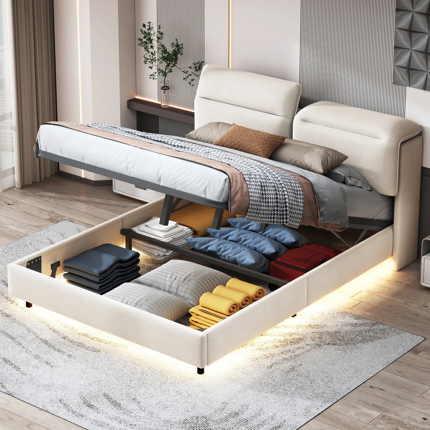 Anajqaqia 160×200 cm Hydraulic Bed, Double Upholstered Bed with Folding Bed Head and Underbed Light Strip, Velvet, Off White