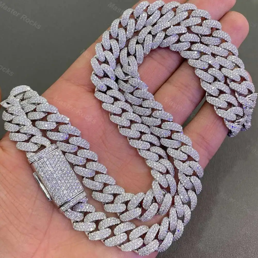 12mm 3rows Vvs Moissanite Studded Miami Cuban Link Chain 925 Sterling Silver Moissanite Iced Out Cuban Chain Fashion Necklace