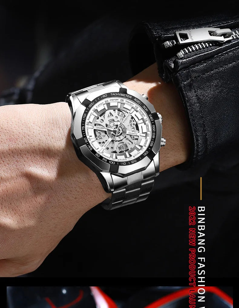 2025 Mens Quartz Watches Top Brand Luxury Stainless Steel Waterproof Hollow Out Blue Big Male Wristwatches Relogio Masculino - Uknowucme