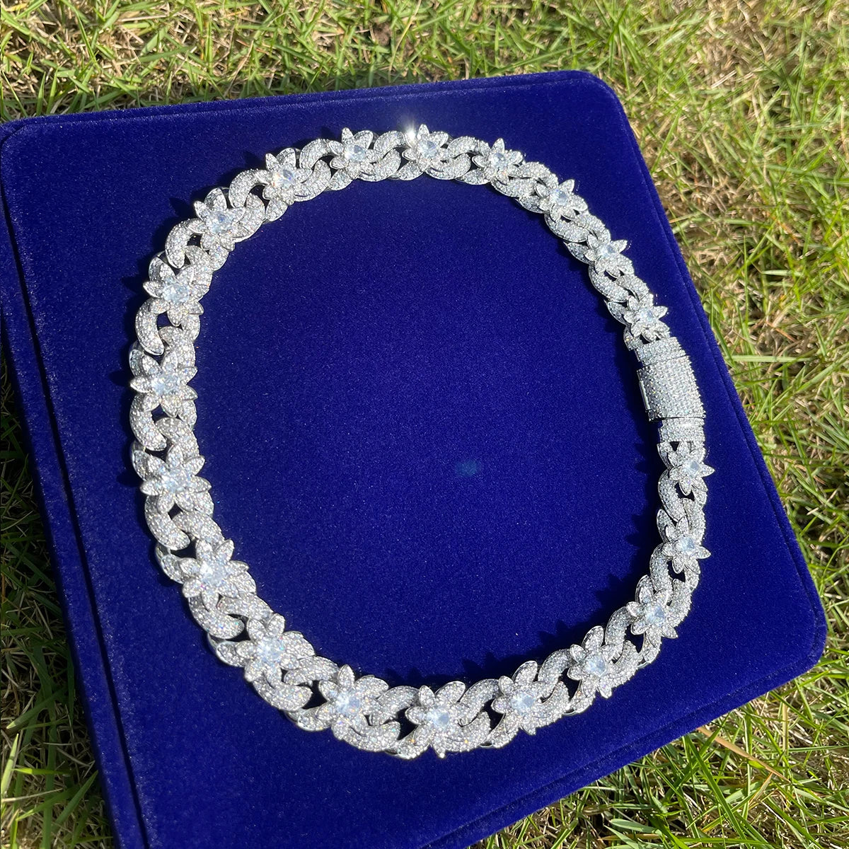 Bubble Letter Iced Out Flower Necklace Cuban Link Chain for Women Prong Setting Cubic Zirconia Hip Hop Jewelry - Uknowucme