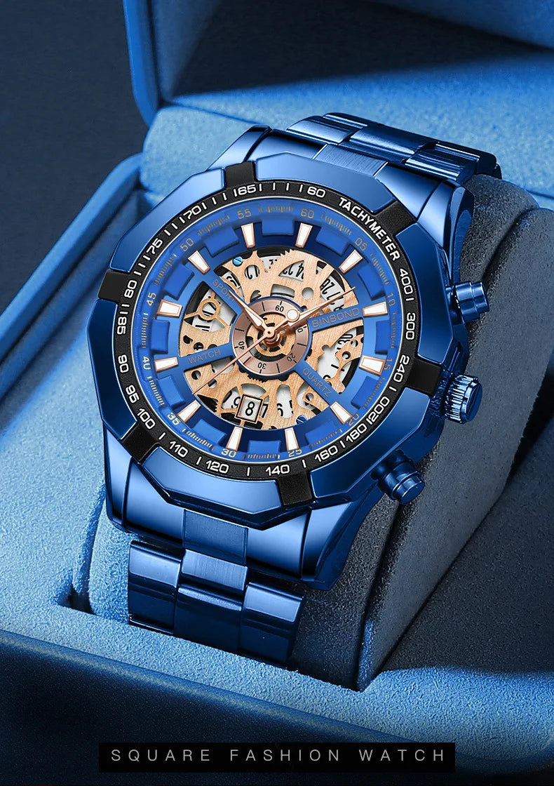 2025 Mens Quartz Watches Top Brand Luxury Stainless Steel Waterproof Hollow Out Blue Big Male Wristwatches Relogio Masculino - Uknowucme