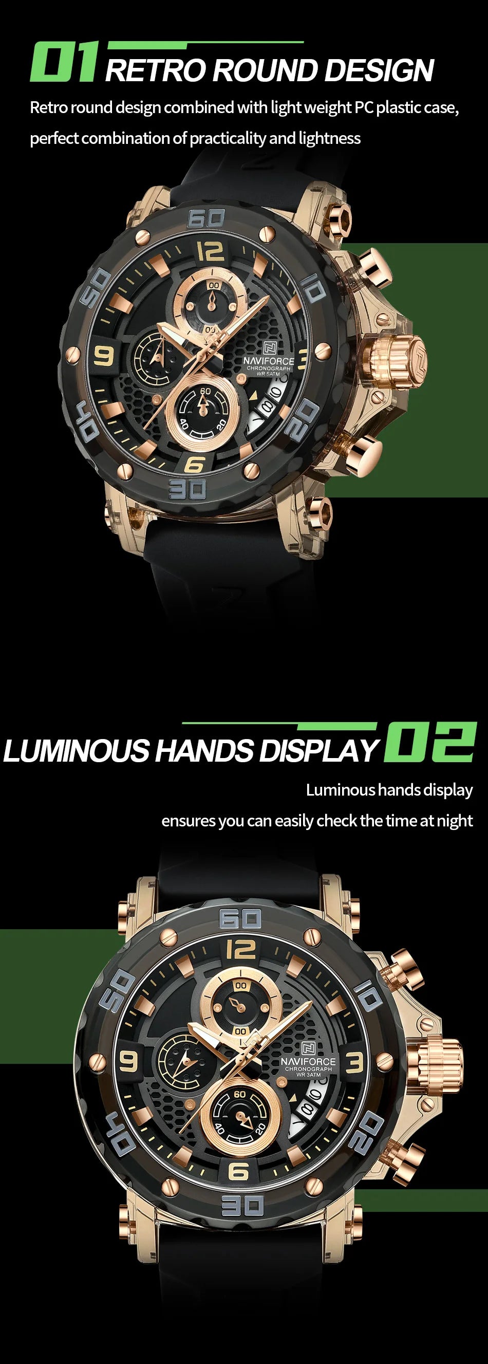 NAVIFORCE Men's Quartz Watch Fashion Trend 5ATM Waterproof Male Watches Chronograph Luminous Hands Silicone Strap Lightweight - Uknowucme