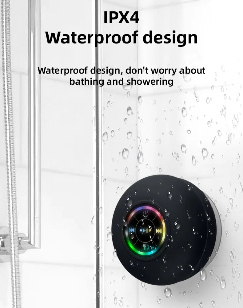 Portable Waterproof Bluetooth Shower Speaker with Suction Cup and LED Lights 3D Surround Stereo subwoofer - Uknowucme