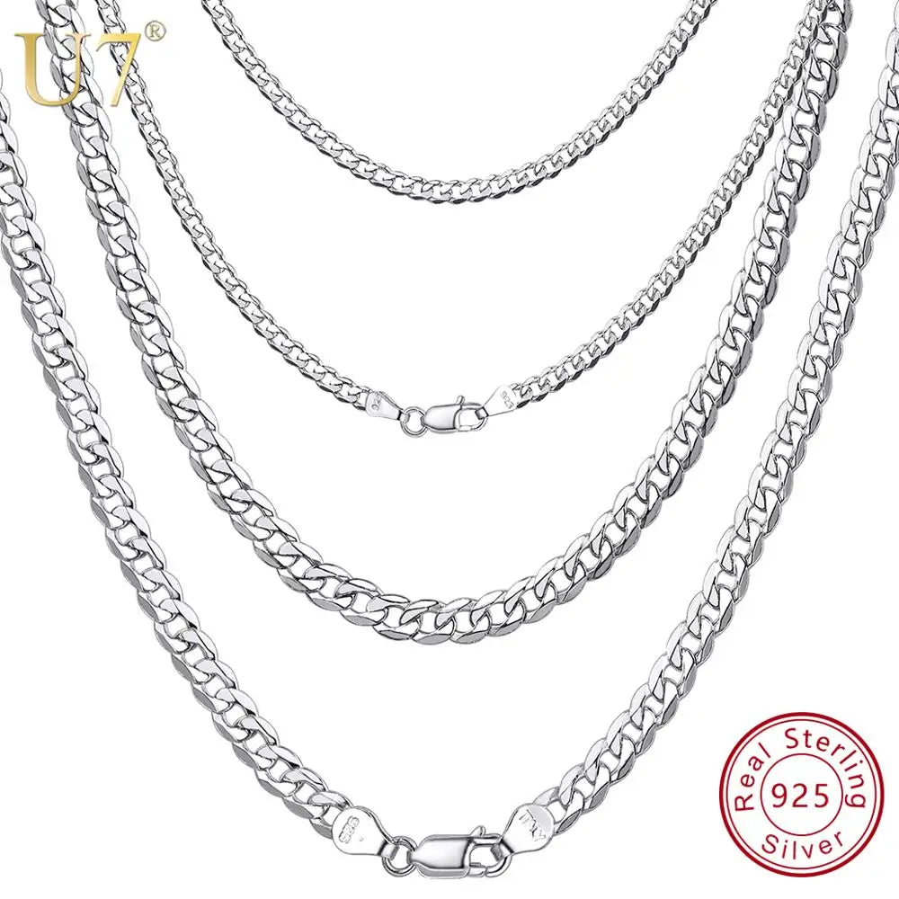 U7 Solid 925 Sterling Silver Chain Necklace for Men Women Twised Rope Italian Figaro Cuban Curb Chains Stackable Unisex Jewelry