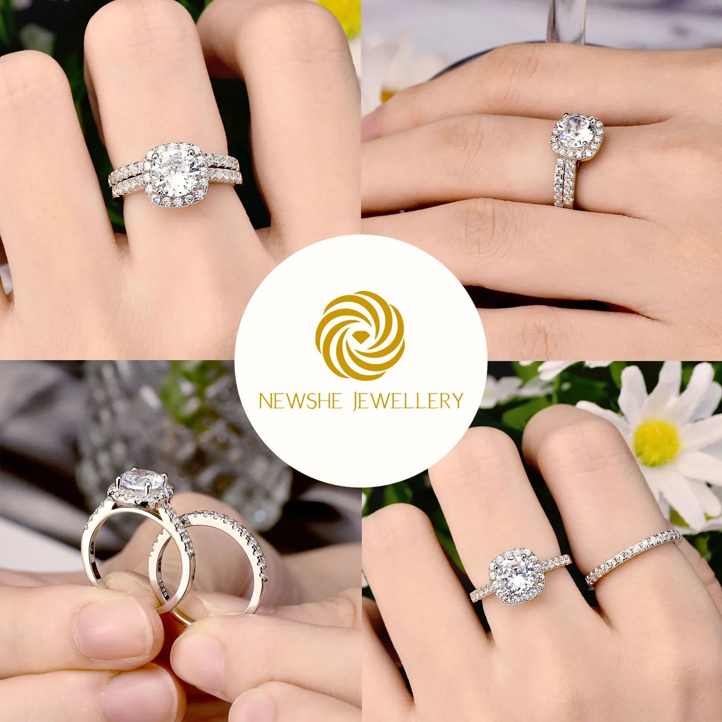 Newshe Prata 925 Silver Engagement Rings Set for Women Anillos Brilliant Halo Round Cut Cubic Zircon Luxury Wedding Jewelry - Uknowucme