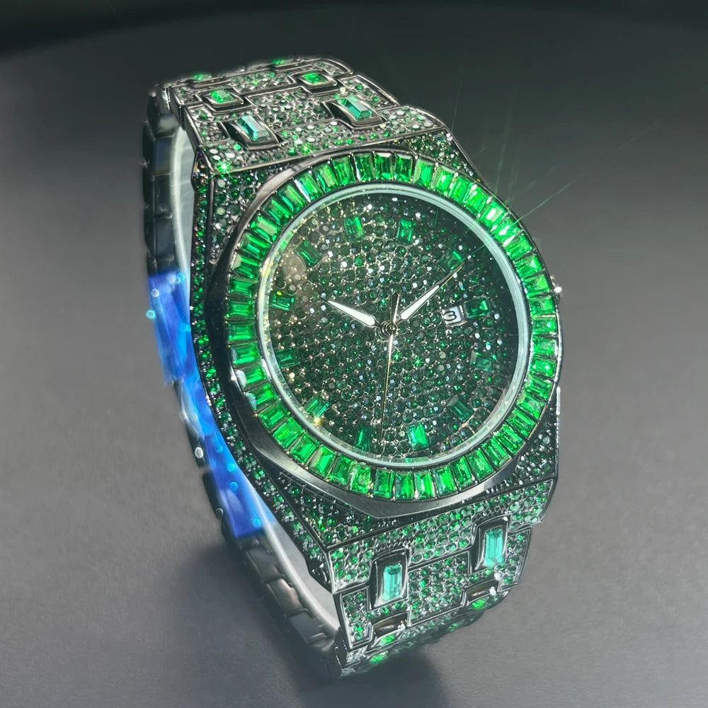 Luxury Men Watches Personalized Green Blingbling Full Diamond Quartz Watch Fashion Ice Out Male Wristwatch Best Sale For Gift