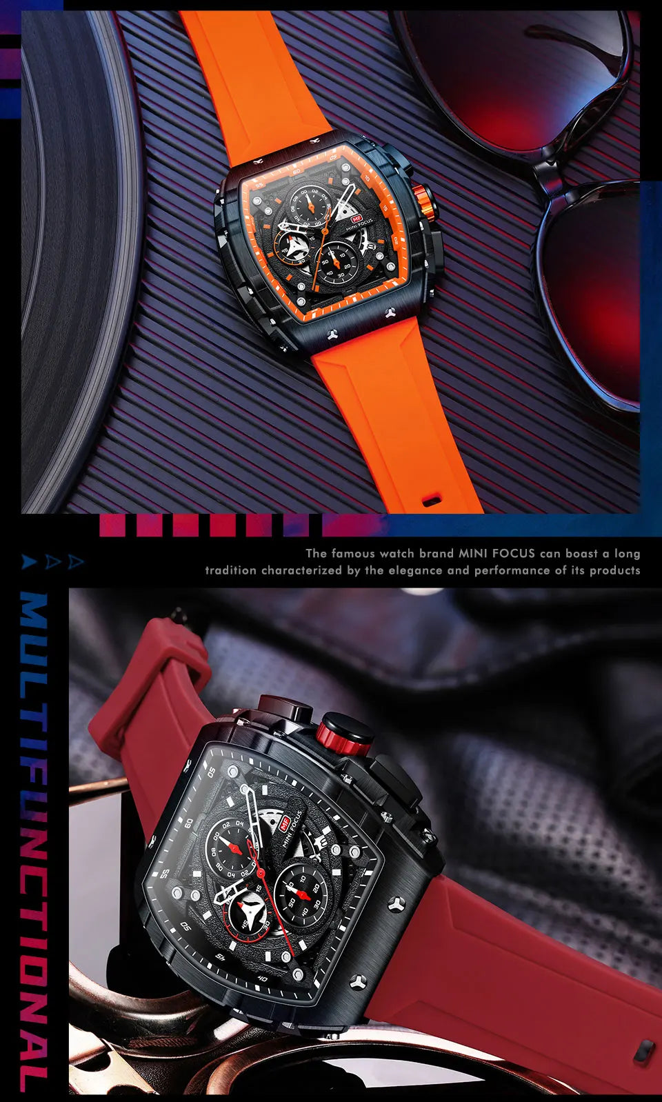 MINI FOCUS Chronograph Quartz Watch for Men Tonneau Dial Military Sport Wristwatch with Orange Silicone Strap Auto Date 0399 - Uknowucme