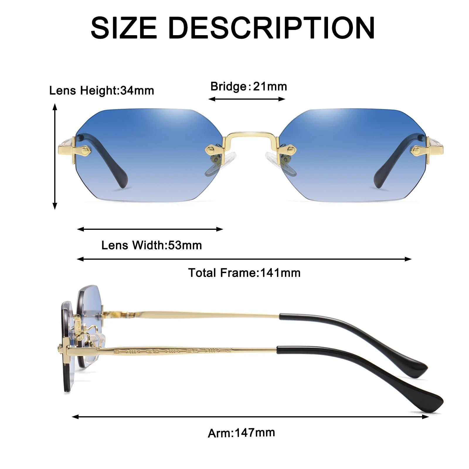 Rimless Rectangle Sunglasses Small Men Glasses Women Metal Gold Polygon Blue Shades 2024 UV400 Frameless - Uknowucme