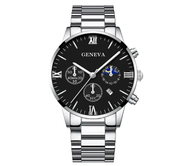 Fashion Roman Scale Quartz Wristwatch 4pcs Set Men Business Watch Fake Three Eyes Calendar Cross Necklace Bracelet Ring Set - Uknowucme