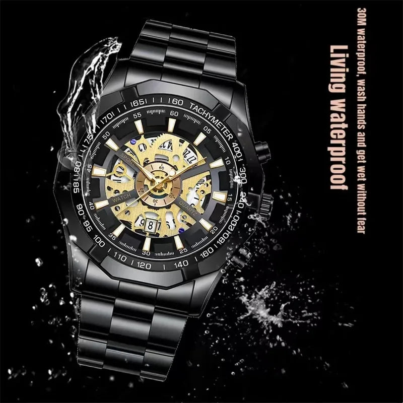 2025 Mens Quartz Watches Top Brand Luxury Stainless Steel Waterproof Hollow Out Blue Big Male Wristwatches Relogio Masculino - Uknowucme