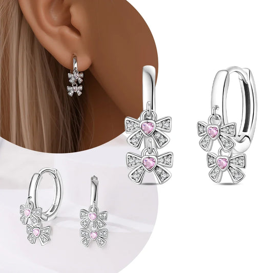 Hoops Earrings Women Two Butterflies Pink Zircon 925 Sterling Silver Earrings Fit Jewelry Fine Gift Anniversary Party - Uknowucme
