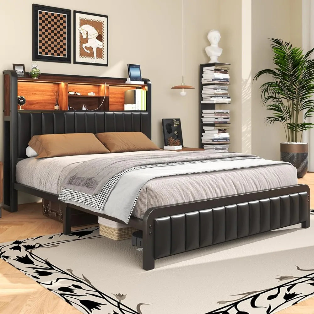 Full Bed Frame 54.3" Tall with 3-Tier Storage Headboard and PU Leather, Metal Platform Bed Frame with LED Lights and Charging - Uknowucme