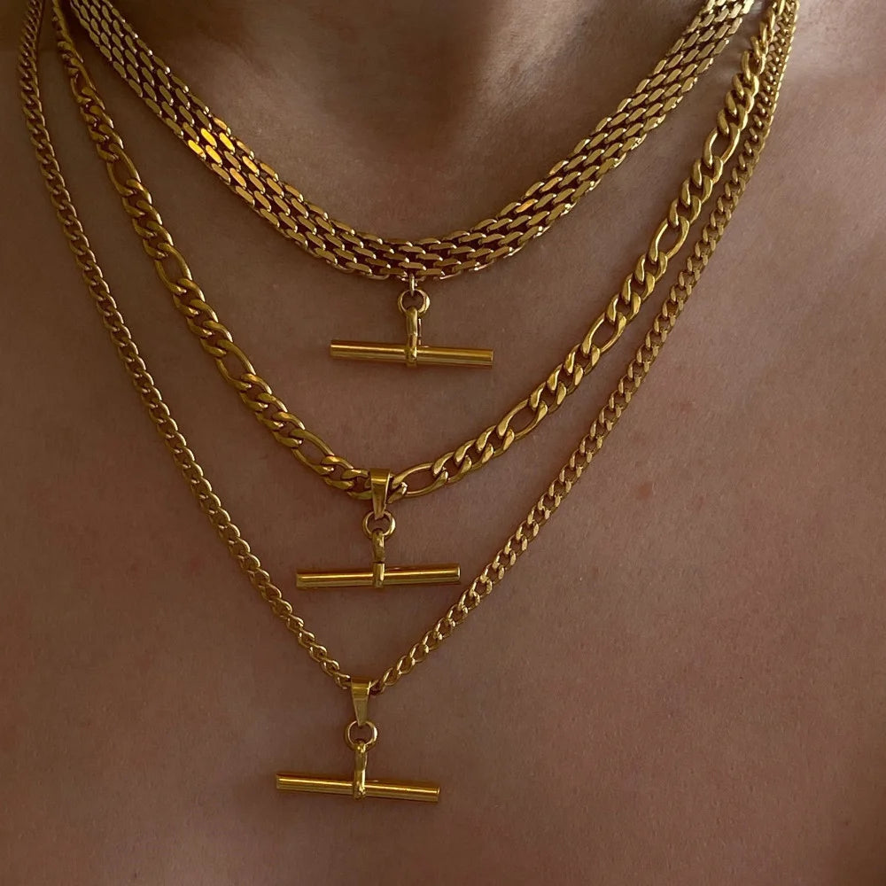 18K Gold Plated Figaro Cuban Chain T-bar Pendant Necklace for Women Stainless Steel Waterproof Party Charm Jewelry - Uknowucme