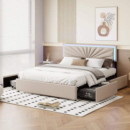 Double Bed, Upholstered Bed 160 x 200 cm, LED Bed Frame, Storage Bed with 4 Drawers and Slatted Frame, Headboard, Youth Bed - Uknowucme